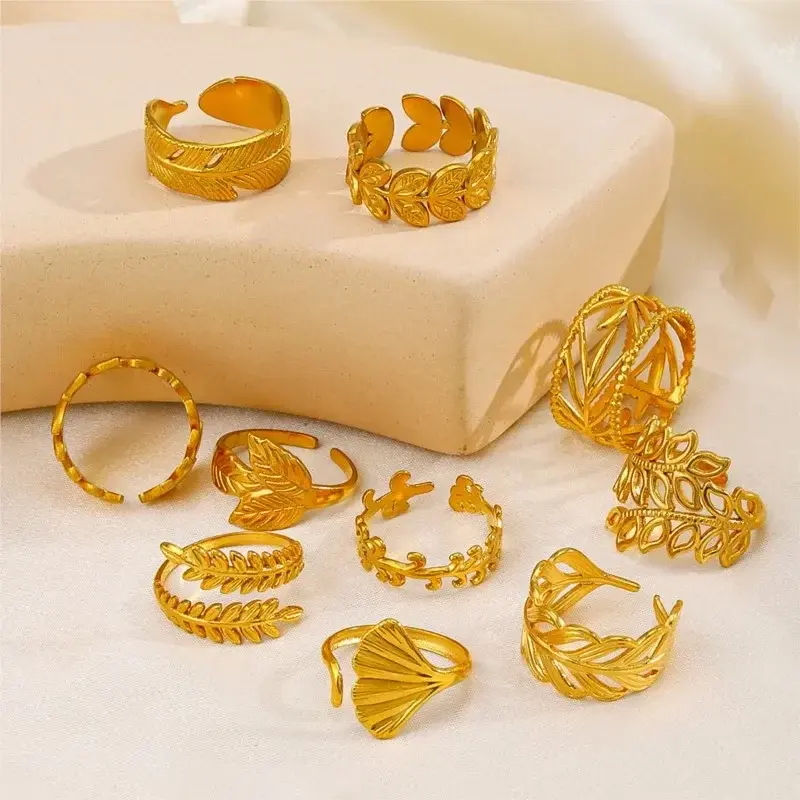 New Stainless Steel Gold Color Leaves Rings for Women French Vintage Open Ring Jewelry Accessory Wholesale