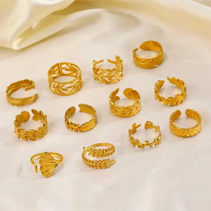New Stainless Steel Gold Color Leaves Rings for Women French Vintage Open Ring Jewelry Accessory Wholesale