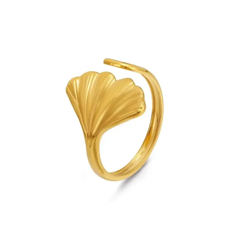 New Stainless Steel Gold Color Leaves Rings for Women French Vintage Open Ring Jewelry Accessory Wholesale