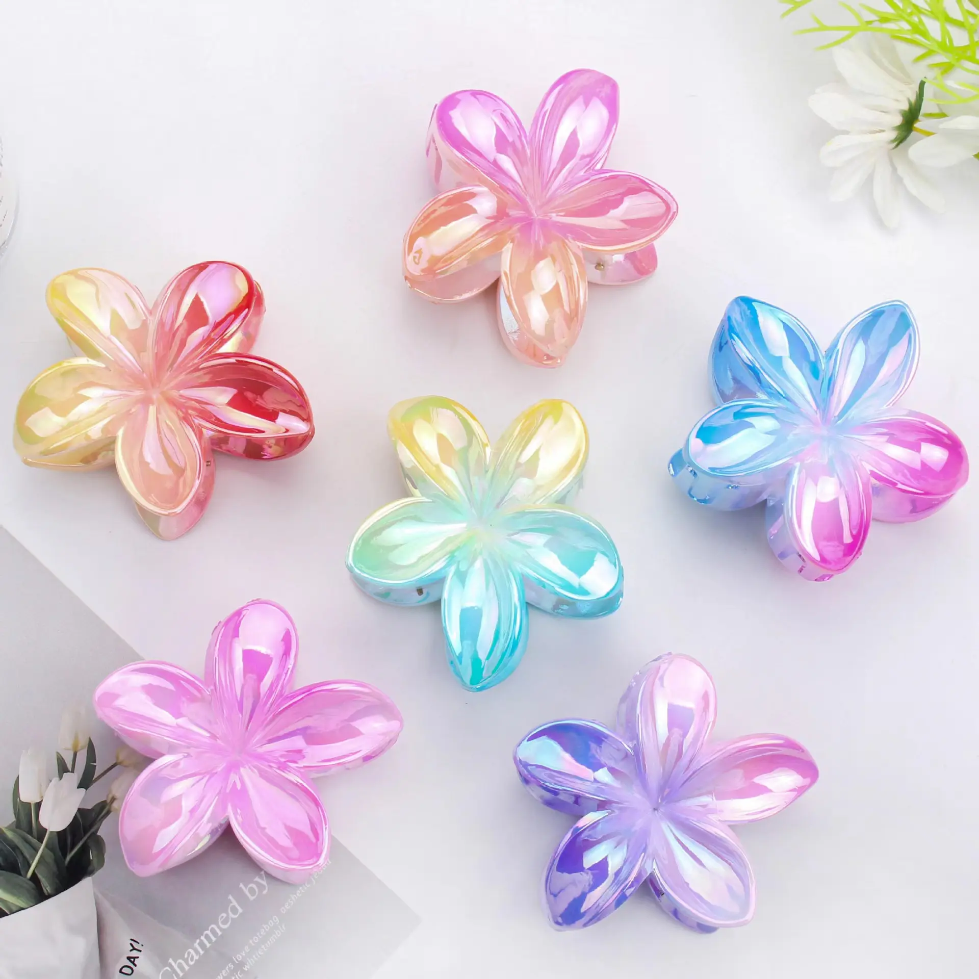 Fashion Gradient Large Flower Acrylic Hairpin Women's Sweet Hair Claw Crab Clip Hairpin Hawaiian Tiara Bohemian Beach Accessory