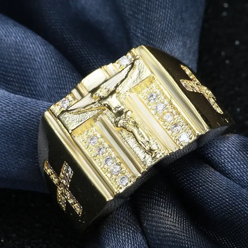 New Punk Hip Hop Style Jewelry Fashion Men Women Rhinestone Inlaid Jesus Signet-ring Cross Finger Ring Party Jewelry Accesories