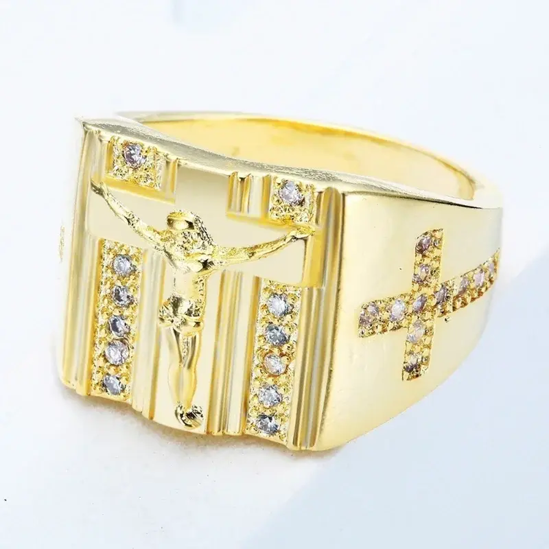 New Punk Hip Hop Style Jewelry Fashion Men Women Rhinestone Inlaid Jesus Signet-ring Cross Finger Ring Party Jewelry Accesories