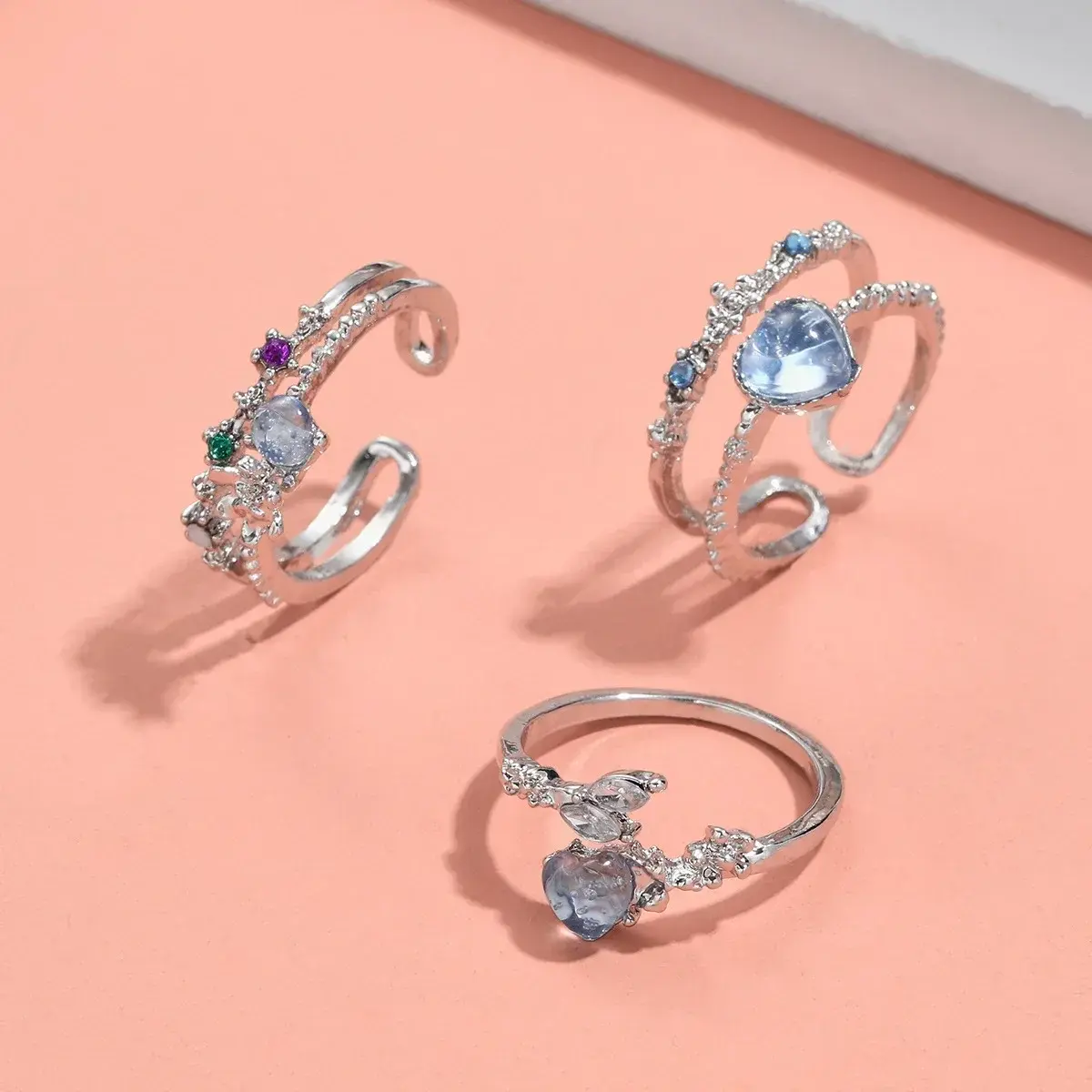 Fashion Luxury Jewelry Crystal Rings Heart Adjustable Ring Irregular Geometry Punk Vintage Rings Set for Women Girls Hot Sales