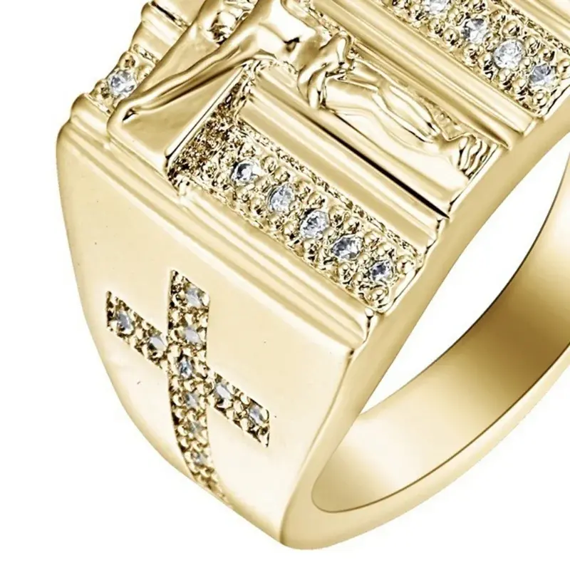 New Punk Hip Hop Style Jewelry Fashion Men Women Rhinestone Inlaid Jesus Signet-ring Cross Finger Ring Party Jewelry Accesories