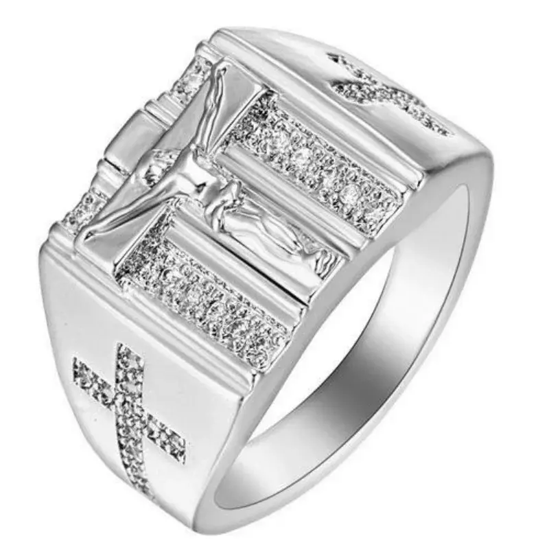 New Punk Hip Hop Style Jewelry Fashion Men Women Rhinestone Inlaid Jesus Signet-ring Cross Finger Ring Party Jewelry Accesories
