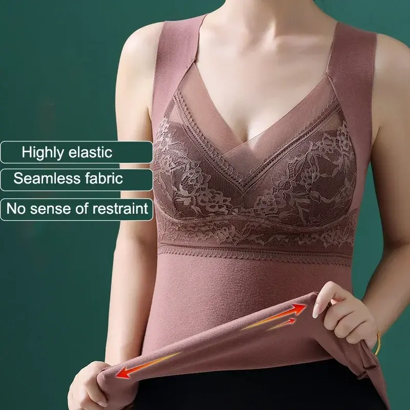 New Women Vest with Chest Pads Lace Camisole V-neck Bra with Chest Pad Slim Traceless Vest Women's Warm for Wear for Ladies