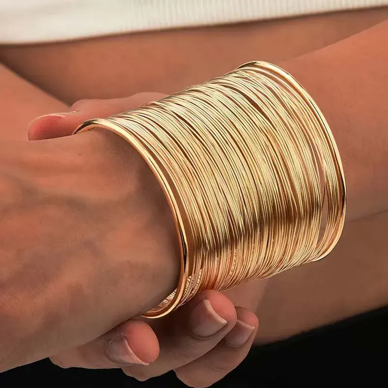 Adjustable Vintage Hyperbolic Layered Wide Wire Bracelet Cuff Bangle for Women Exaggerated Metal Wrist Wrap Bangle Jewelry Gift