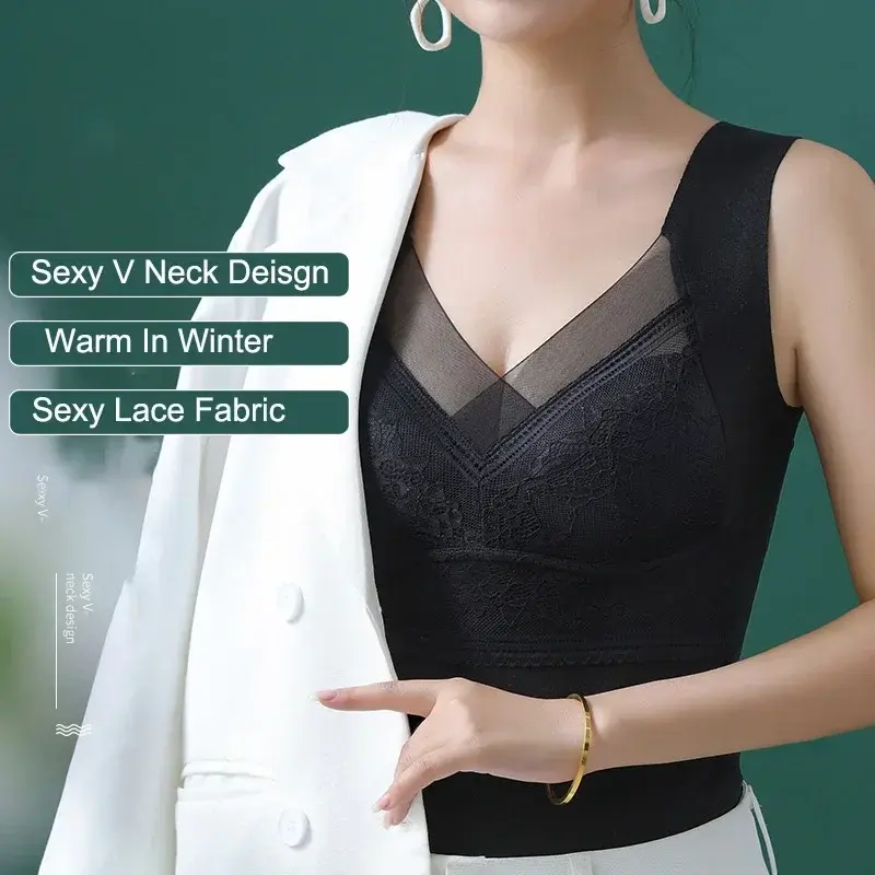 New Women Vest with Chest Pads Lace Camisole V-neck Bra with Chest Pad Slim Traceless Vest Women's Warm for Wear for Ladies