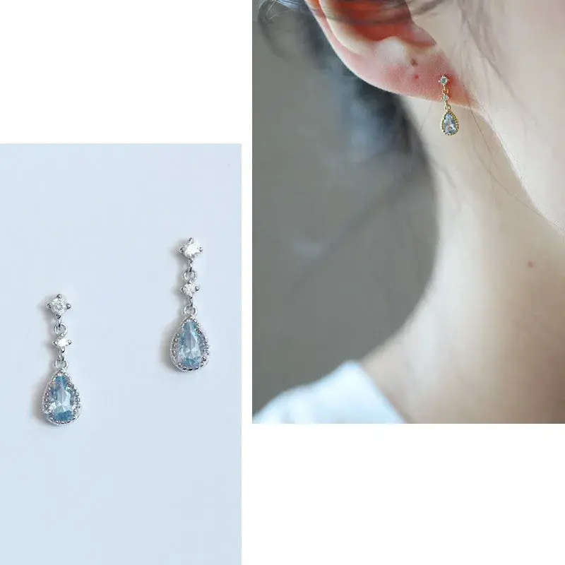 Fashion Ins Silver Needle Blue Rhinestone Zircon Earring Women Girl Wedding Jewelry Wholesale Simple Water Droplet Stud Earrings