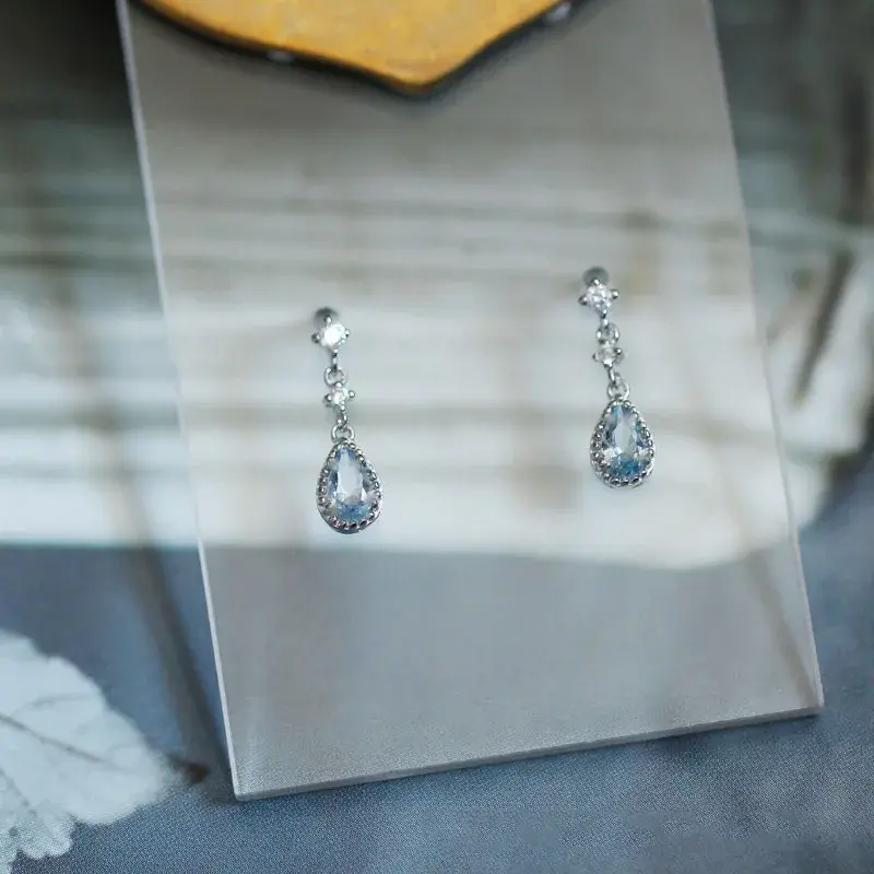 Fashion Ins Silver Needle Blue Rhinestone Zircon Earring Women Girl Wedding Jewelry Wholesale Simple Water Droplet Stud Earrings