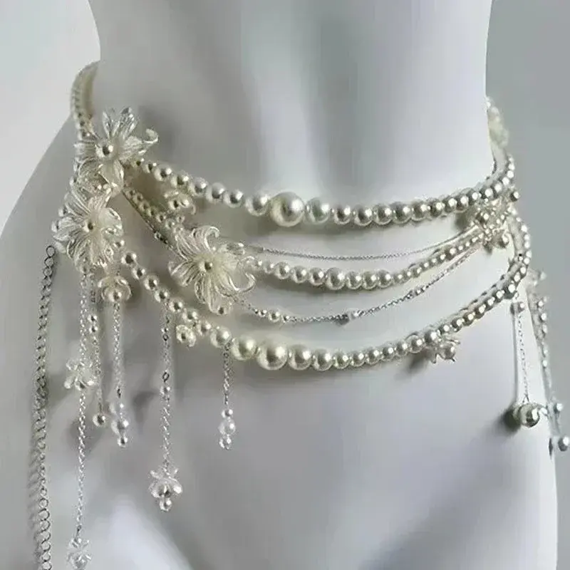 Y2K Designer Belt Jewelry Multilayer Pearl Waist Chain for Women's Fashion Retro Character Playing Body Accessories Party Belts