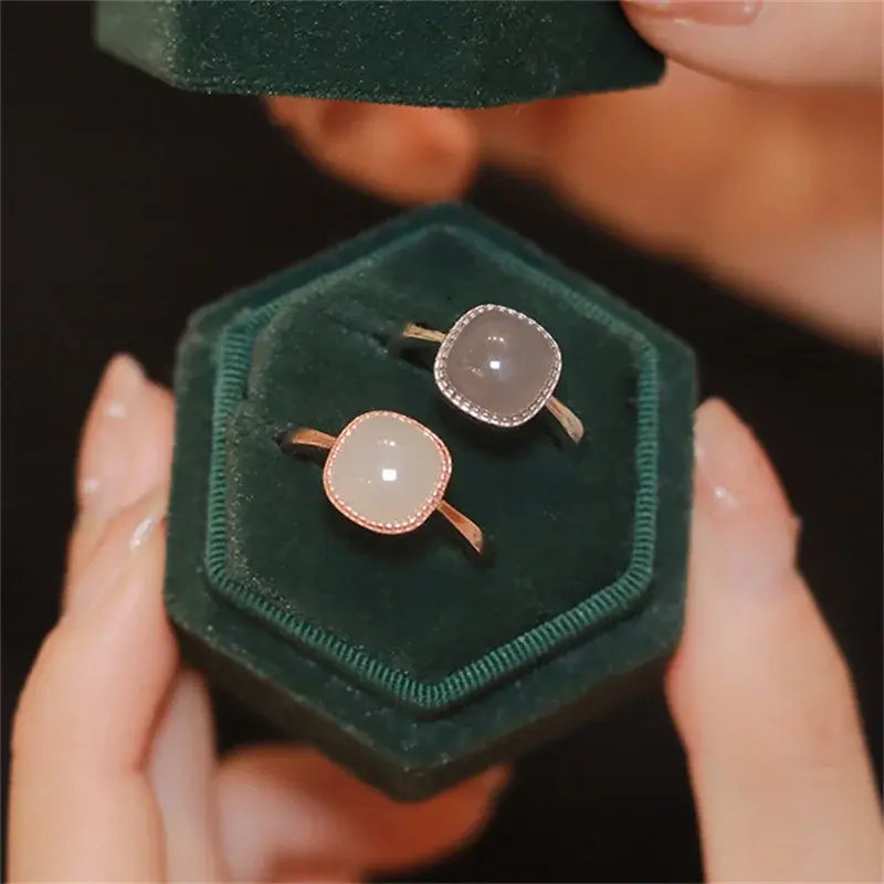 Fashion Vintage Artificial Jade Square Ring Autumn Winter Chinese Style Crystal Geometric Finger Ring for Women Fashion Jewelry