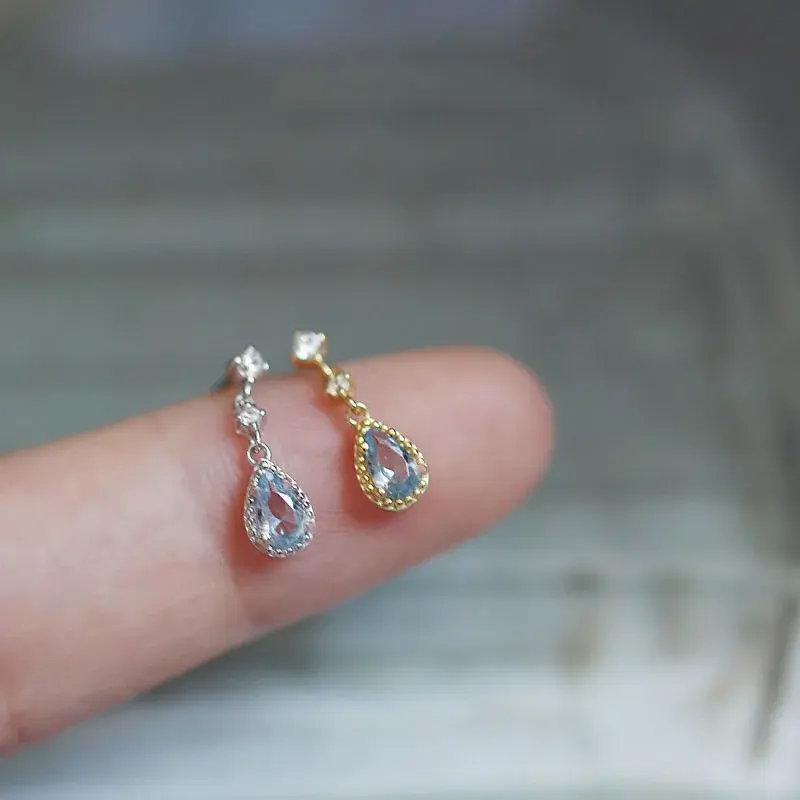 Fashion Ins Silver Needle Blue Rhinestone Zircon Earring Women Girl Wedding Jewelry Wholesale Simple Water Droplet Stud Earrings