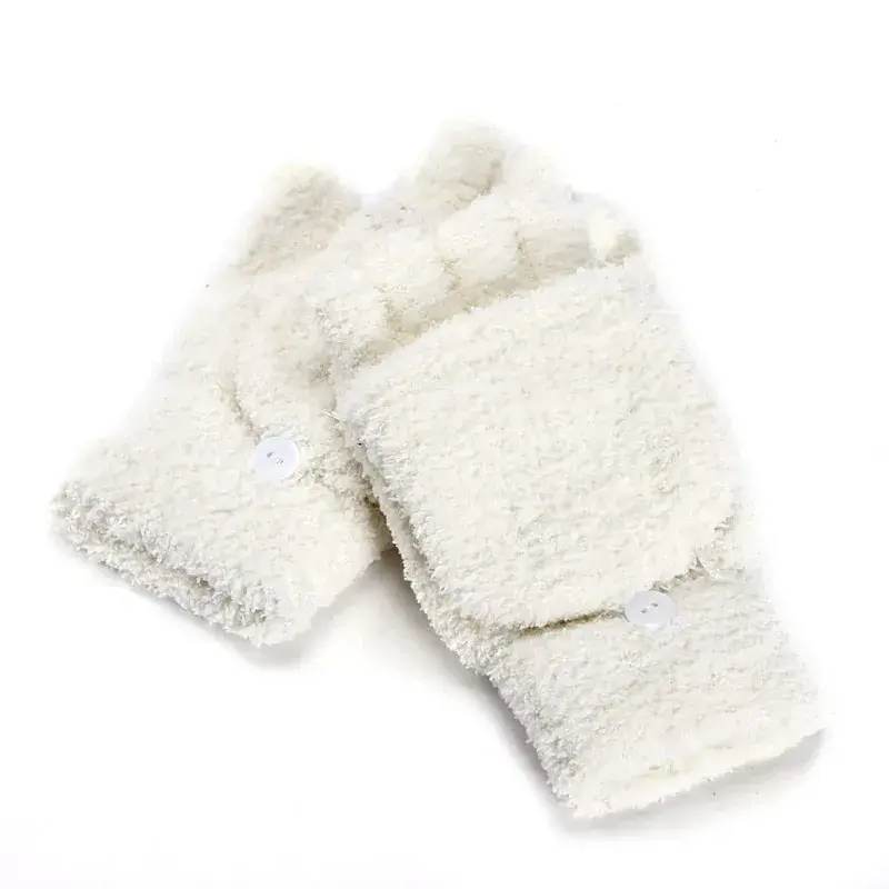 White Five Finger Soft Gloves Knitted with Velvet and Thickened Exposed Fingers Coral Velvet for Autumn and Winter Warmth Unisex