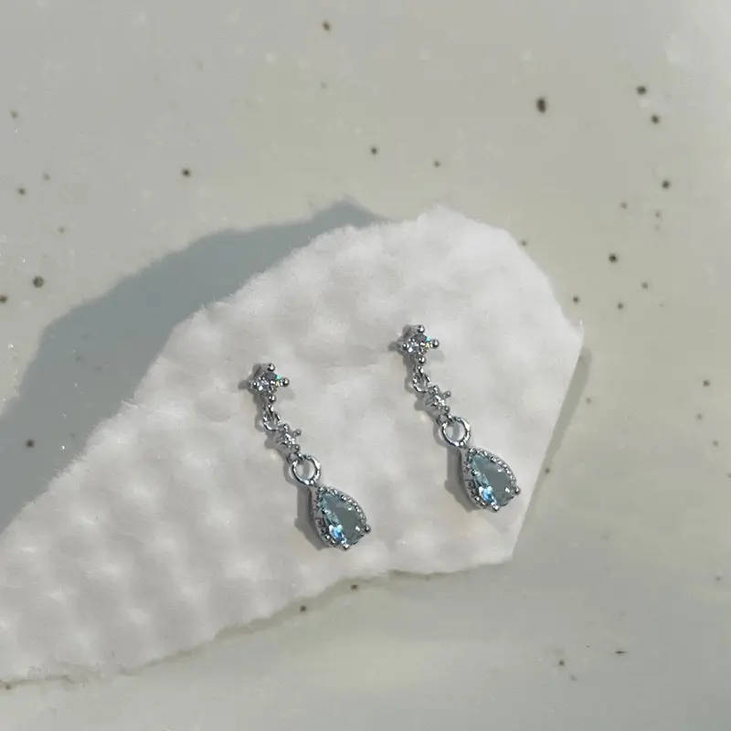 Fashion Ins Silver Needle Blue Rhinestone Zircon Earring Women Girl Wedding Jewelry Wholesale Simple Water Droplet Stud Earrings
