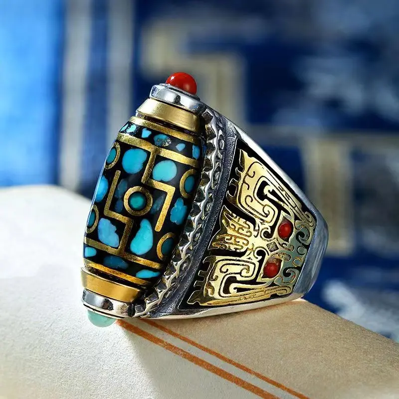 Fashion Nine Turns Dzi Open Luck Ring Adjustable Size Ethnic Rotatable Finger Ring Tibetan Buddhism Six-character Mantra Jewelry