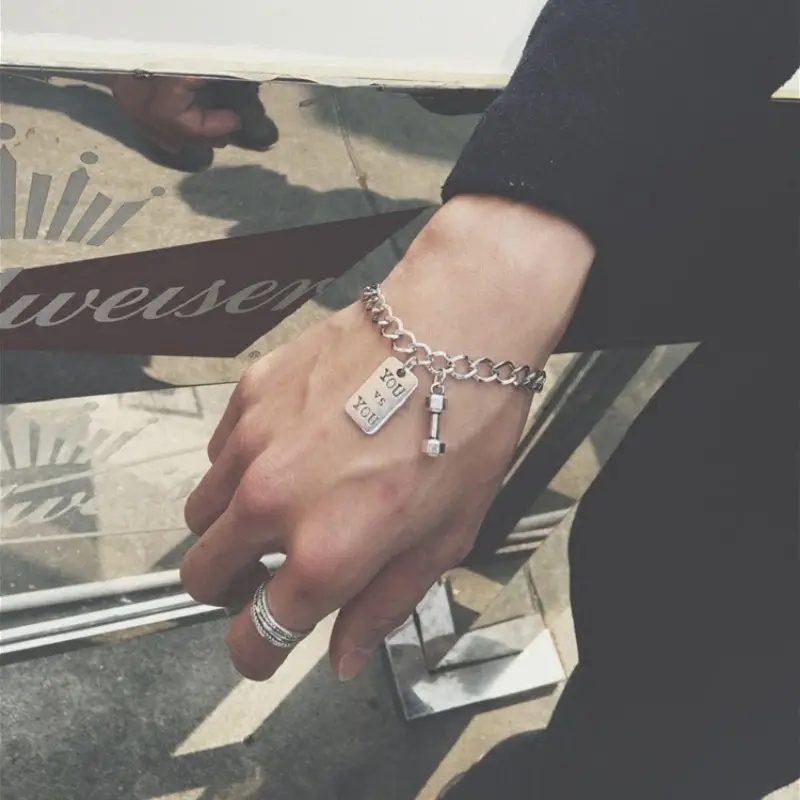 YOU and ME Square Pendant Stainless Steel Dumbbell Bracelet Fashion Hip Hop Punk Party Men's Jewelry Gift Couple Bracelet