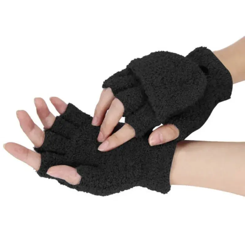 White Five Finger Soft Gloves Knitted with Velvet and Thickened Exposed Fingers Coral Velvet for Autumn and Winter Warmth Unisex