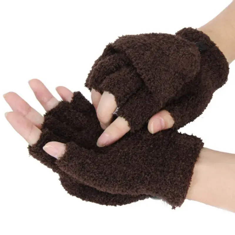 White Five Finger Soft Gloves Knitted with Velvet and Thickened Exposed Fingers Coral Velvet for Autumn and Winter Warmth Unisex