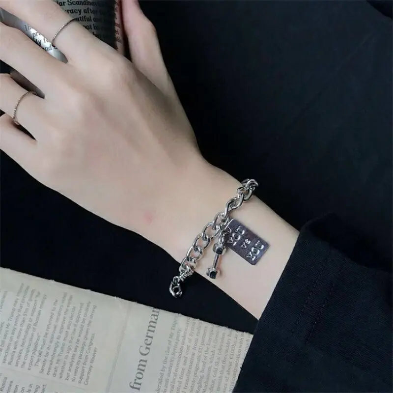 YOU and ME Square Pendant Stainless Steel Dumbbell Bracelet Fashion Hip Hop Punk Party Men's Jewelry Gift Couple Bracelet