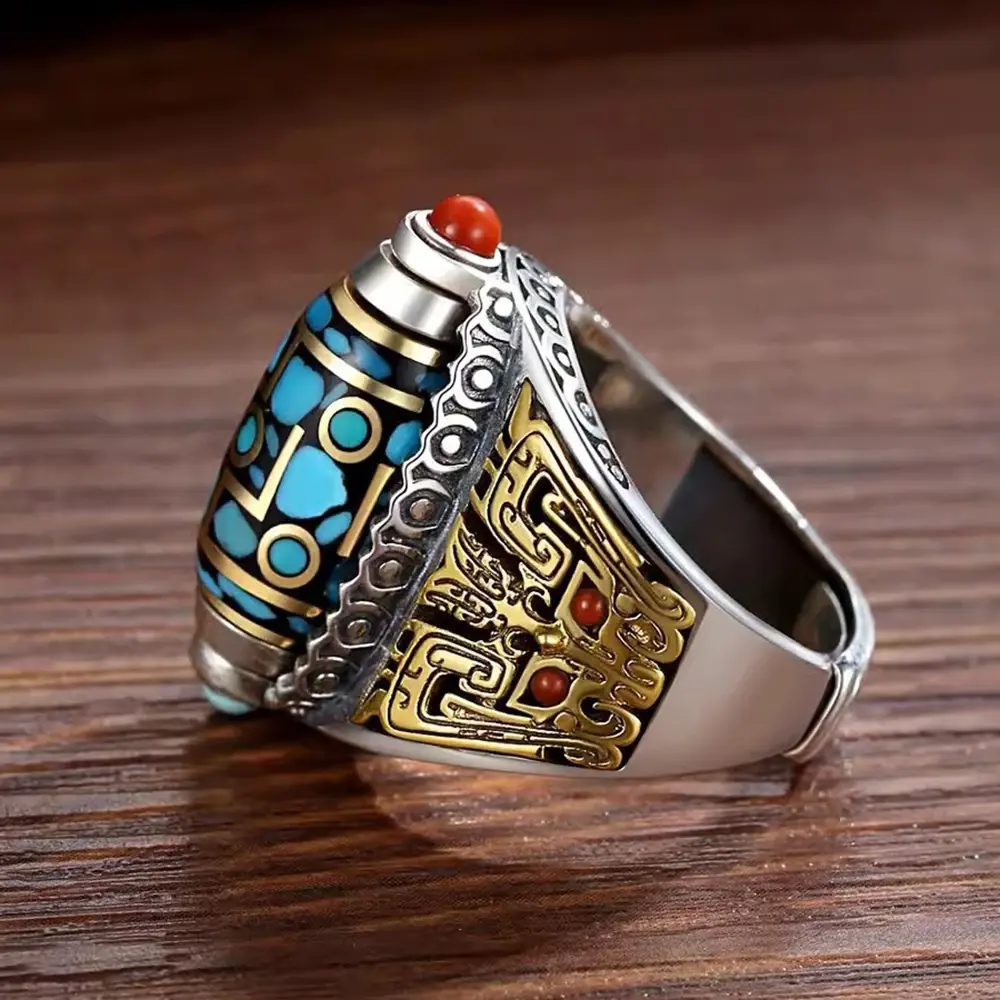 Fashion Nine Turns Dzi Open Luck Ring Adjustable Size Ethnic Rotatable Finger Ring Tibetan Buddhism Six-character Mantra Jewelry