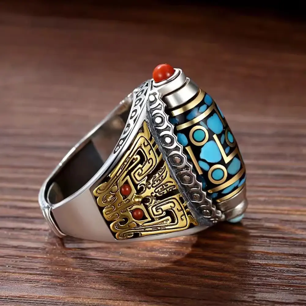 Fashion Nine Turns Dzi Open Luck Ring Adjustable Size Ethnic Rotatable Finger Ring Tibetan Buddhism Six-character Mantra Jewelry
