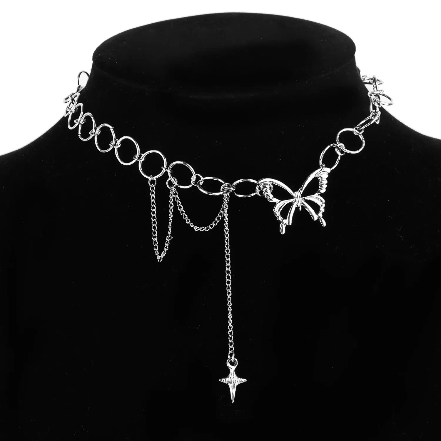 Ins Fashionable Hip Hop Butterfly Tassel Choker Necklace Women Teens Girls Punk Link Chain Necklace Party Daily Fashion Jewelry