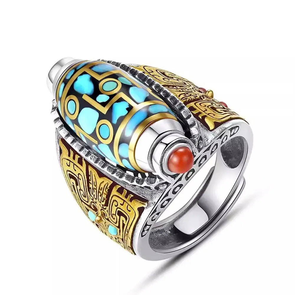 Fashion Nine Turns Dzi Open Luck Ring Adjustable Size Ethnic Rotatable Finger Ring Tibetan Buddhism Six-character Mantra Jewelry