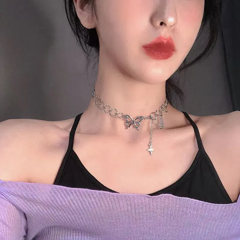 Ins Fashionable Hip Hop Butterfly Tassel Choker Necklace Women Teens Girls Punk Link Chain Necklace Party Daily Fashion Jewelry