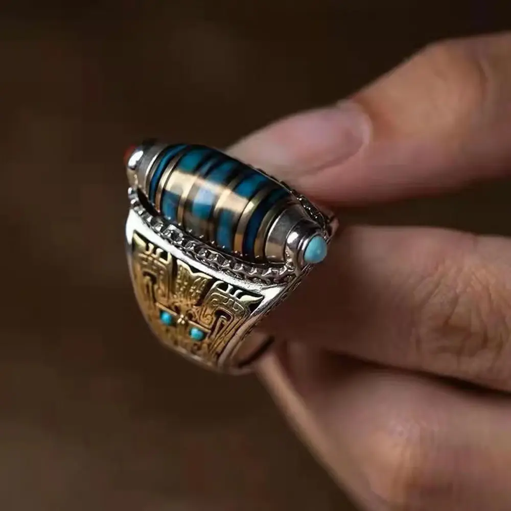 Fashion Nine Turns Dzi Open Luck Ring Adjustable Size Ethnic Rotatable Finger Ring Tibetan Buddhism Six-character Mantra Jewelry