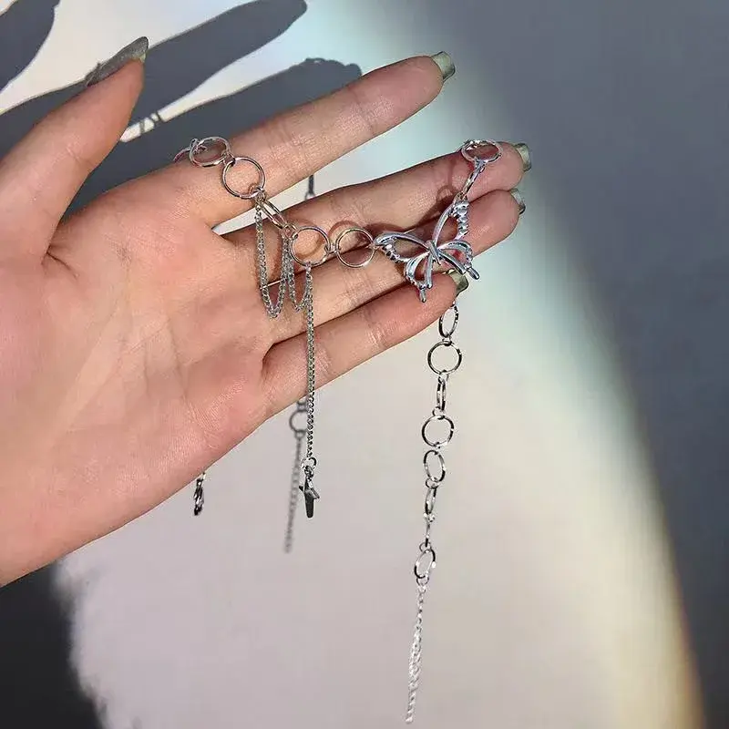 Ins Fashionable Hip Hop Butterfly Tassel Choker Necklace Women Teens Girls Punk Link Chain Necklace Party Daily Fashion Jewelry