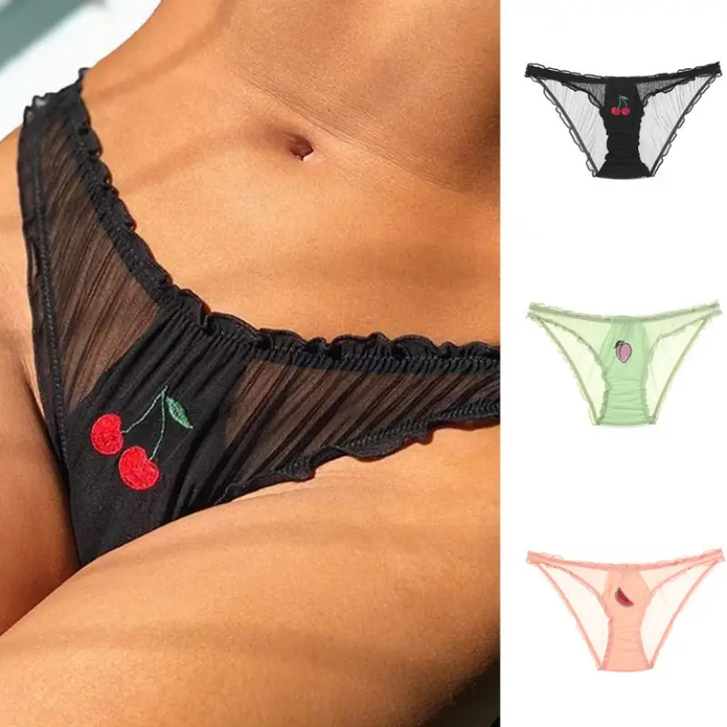 New Fruit Embroidery Translucent Briefs Women Low Waist Panties Sexy Underwear Lady Briefs Lingere Panty Underware Womens Briefs