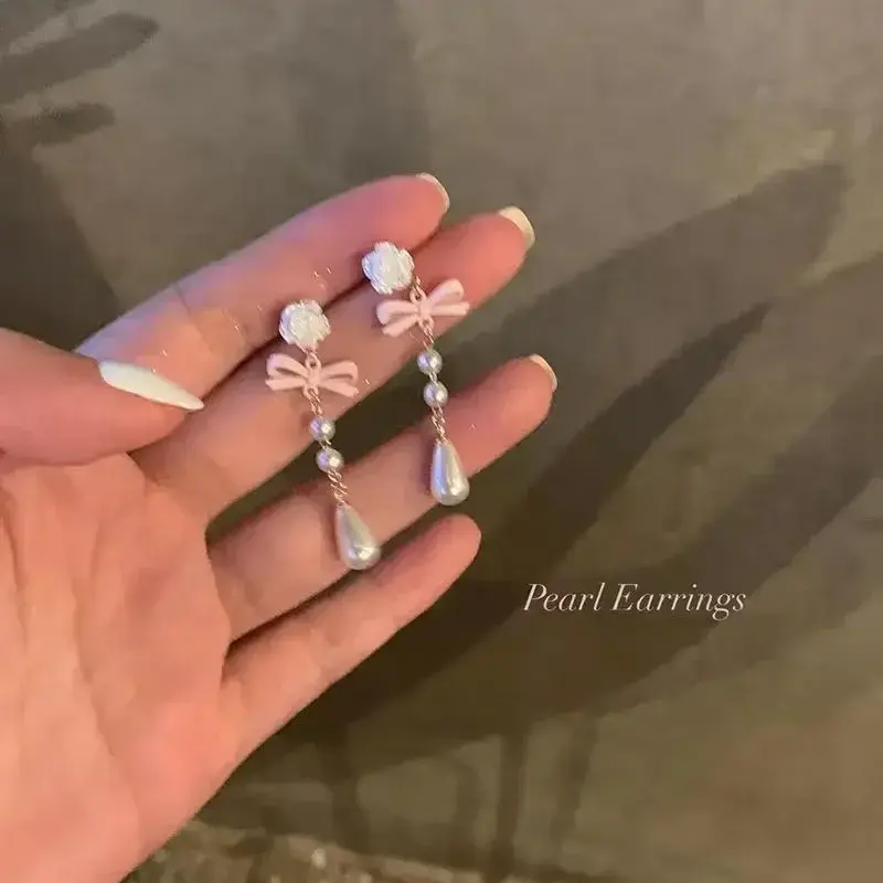 Korean Fashion Dangle Earrings Cute Sweet White Women Flower Earrings Pink Bow Tie Pearl Drop Earrings Luxury Jewelry Party Gift
