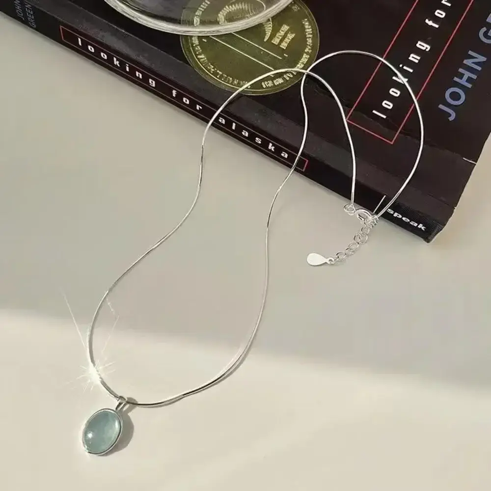 New Silver Color Oval Aquamarine Pendant Necklaces for Women Luxury Snake Chains Choker Fashion Jewelry Accessories