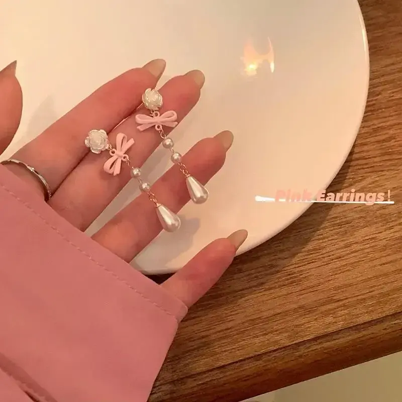 Korean Fashion Dangle Earrings Cute Sweet White Women Flower Earrings Pink Bow Tie Pearl Drop Earrings Luxury Jewelry Party Gift