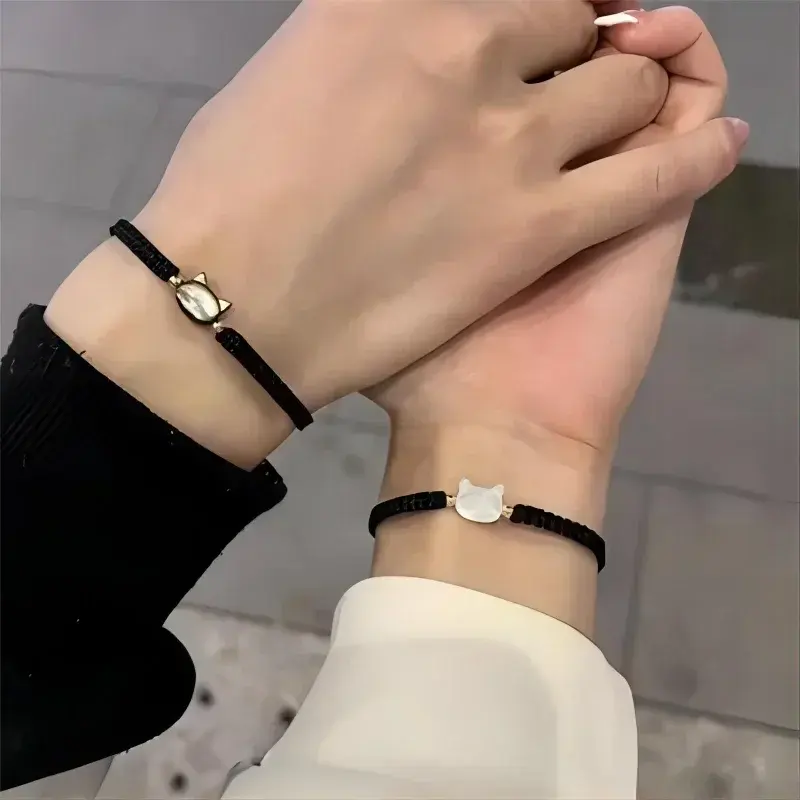 Fashion Lovers Cat Charm Cord Adjusable Bracelet Women Natural Moonstone Obsidian Simple Handmade Weave Girl Cute Cat Bracelet