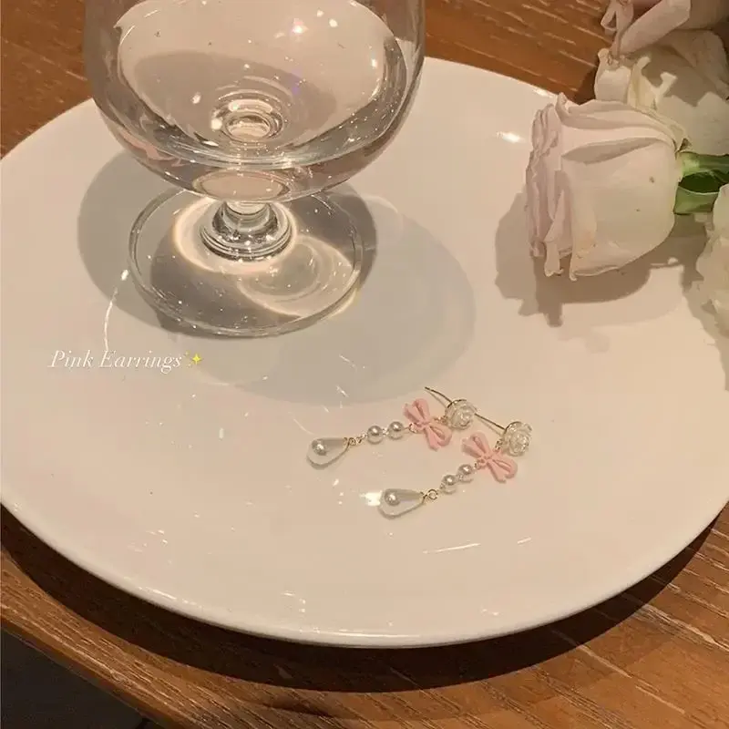 Korean Fashion Dangle Earrings Cute Sweet White Women Flower Earrings Pink Bow Tie Pearl Drop Earrings Luxury Jewelry Party Gift