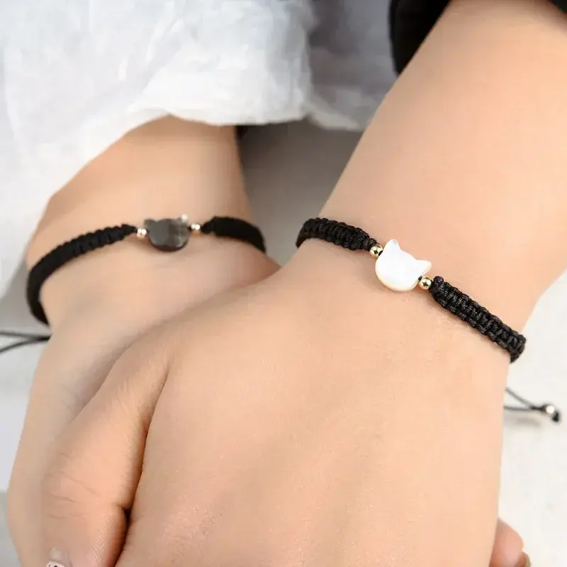 Fashion Lovers Cat Charm Cord Adjusable Bracelet Women Natural Moonstone Obsidian Simple Handmade Weave Girl Cute Cat Bracelet