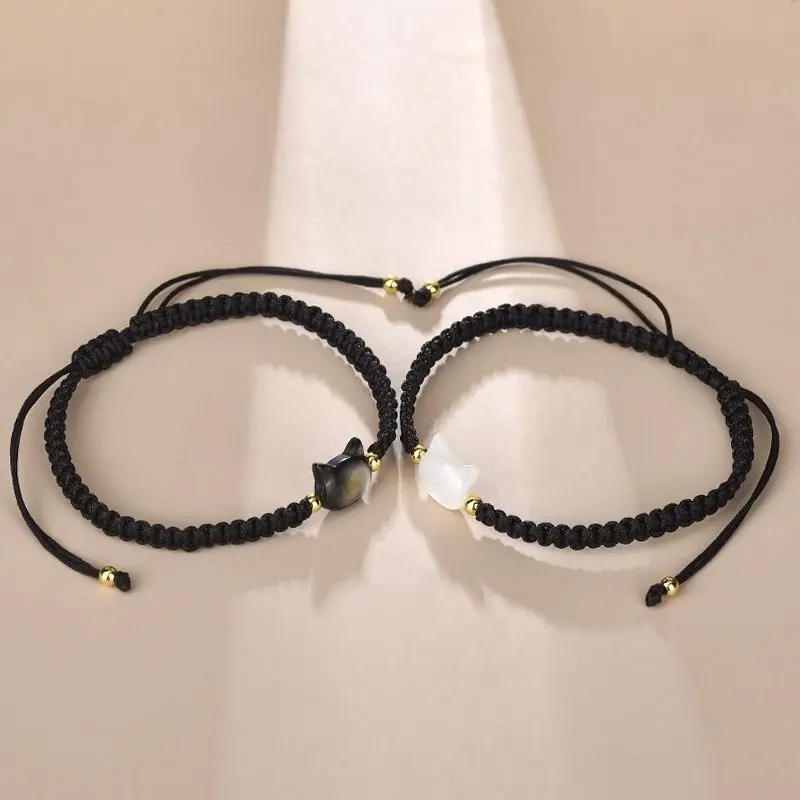 Fashion Lovers Cat Charm Cord Adjusable Bracelet Women Natural Moonstone Obsidian Simple Handmade Weave Girl Cute Cat Bracelet