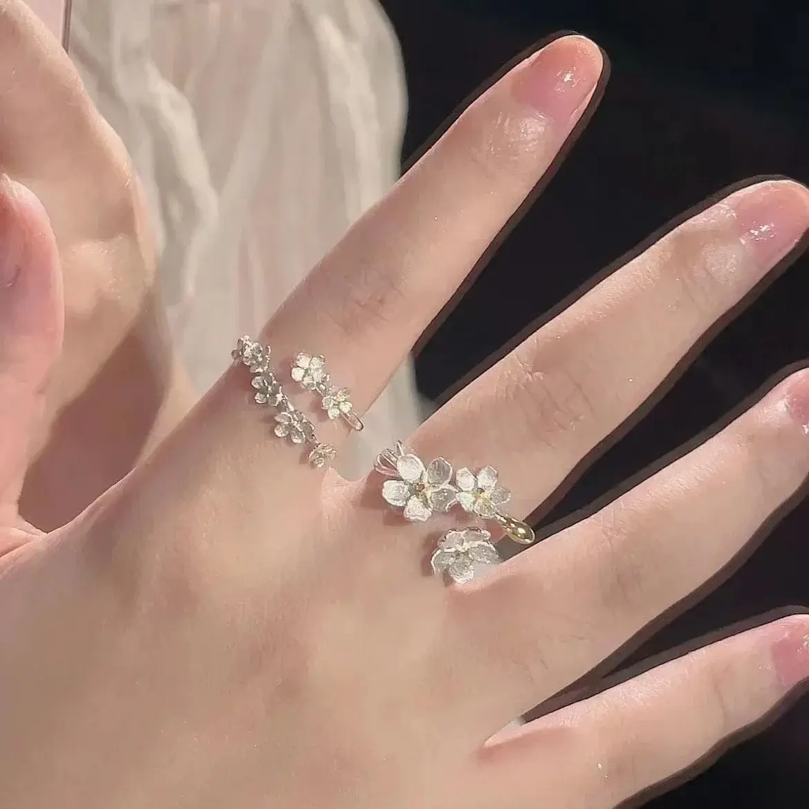 Unique Delicate Flower Opening Adjustable Ring Set for Women Korean Silver Color Minimalist Finger Rings Engagement Jewelry Gift