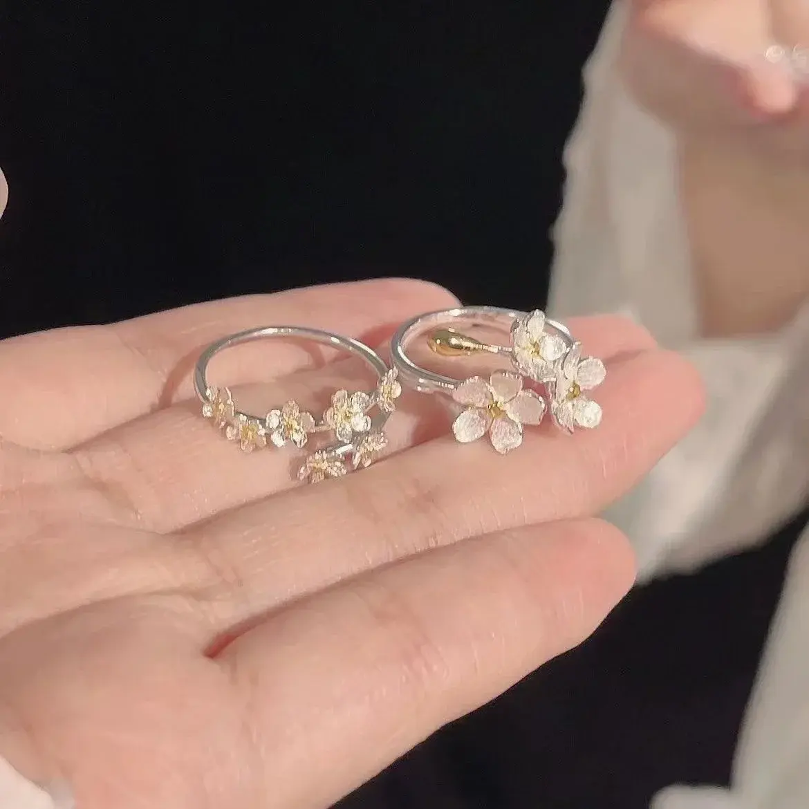 Unique Delicate Flower Opening Adjustable Ring Set for Women Korean Silver Color Minimalist Finger Rings Engagement Jewelry Gift