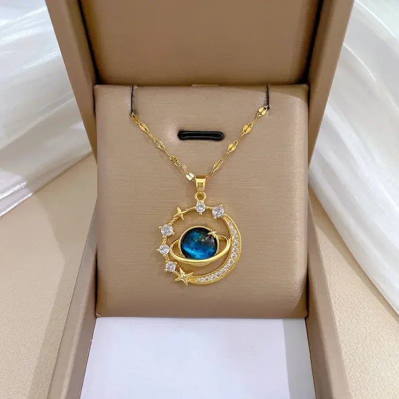 Fashion Starry Sky Planet Light Necklace - Luxurious Stainless Steel Clavicle Chain with Stars and Moon Design for Versatile S