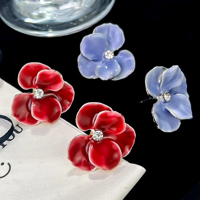 Luxury Red Blue Flower Stud Earrings for Women Wedding Party Enamel Oil Crystal Big Earrings Trendy Elegant Jewelry Girls Gift