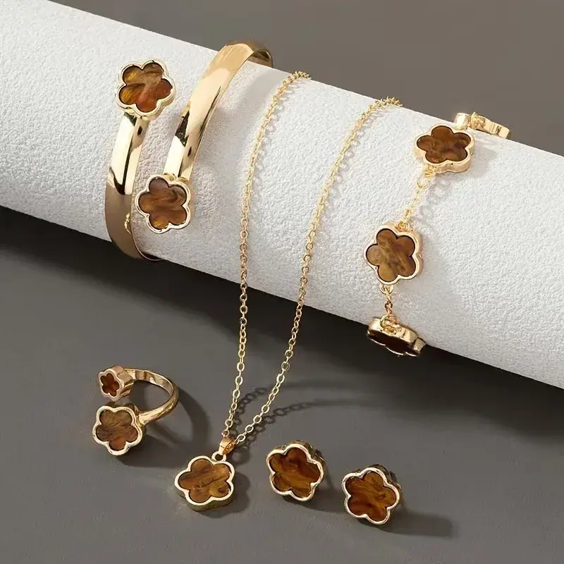 Necklace Woman Five Leaf Petals Double Sided Necklaces for Women Pendant Flower Clover Jewelry Lucky Flower Jewelry Set