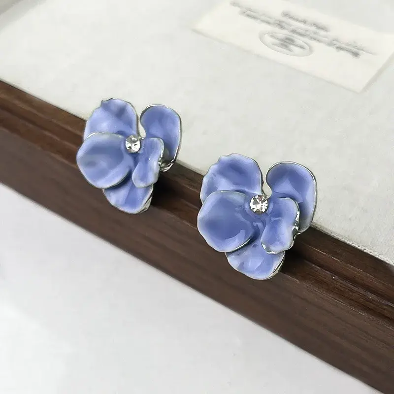 Luxury Red Blue Flower Stud Earrings for Women Wedding Party Enamel Oil Crystal Big Earrings Trendy Elegant Jewelry Girls Gift
