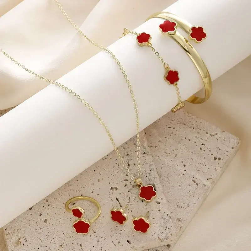 Necklace Woman Five Leaf Petals Double Sided Necklaces for Women Pendant Flower Clover Jewelry Lucky Flower Jewelry Set