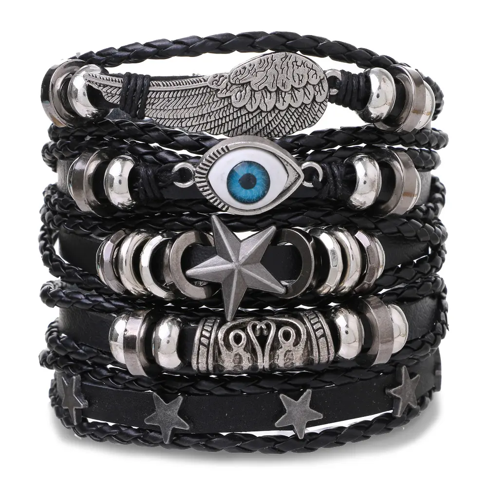 High Quality Fashion Retro Bracelet Multilayer Men Hand Bracelets Woven Skull Hand Jewelry Adjustable Leather Set Man Bracelet