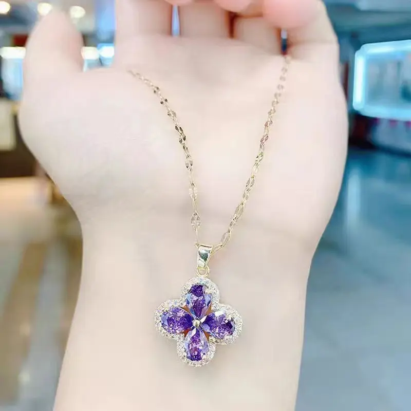 Fashion Romantic Purple Sakura Pendant Stainless Steel Necklaces Women Korean Fashion Female Sexy Clavicle Chain Jewelry Gift