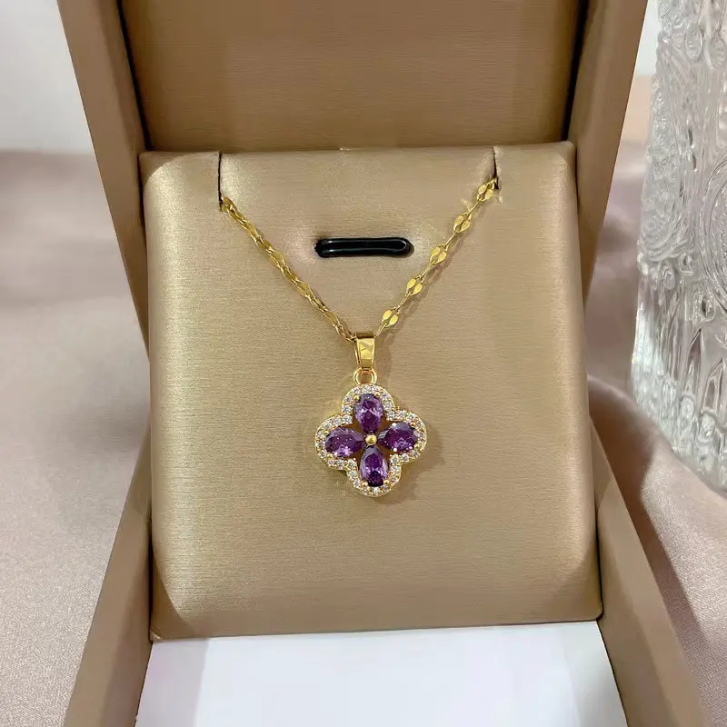 Fashion Romantic Purple Sakura Pendant Stainless Steel Necklaces Women Korean Fashion Female Sexy Clavicle Chain Jewelry Gift