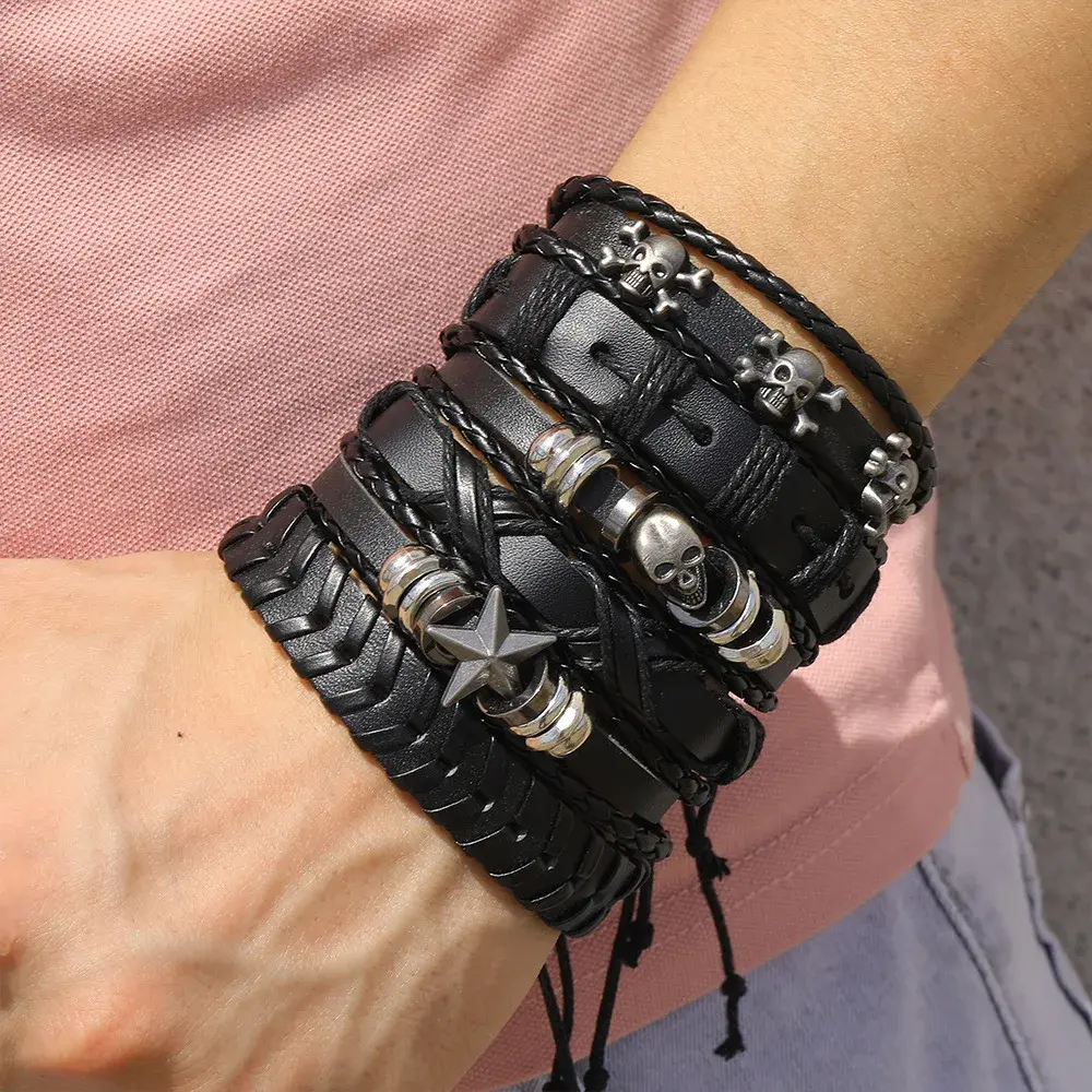 High Quality Fashion Retro Bracelet Multilayer Men Hand Bracelets Woven Skull Hand Jewelry Adjustable Leather Set Man Bracelet